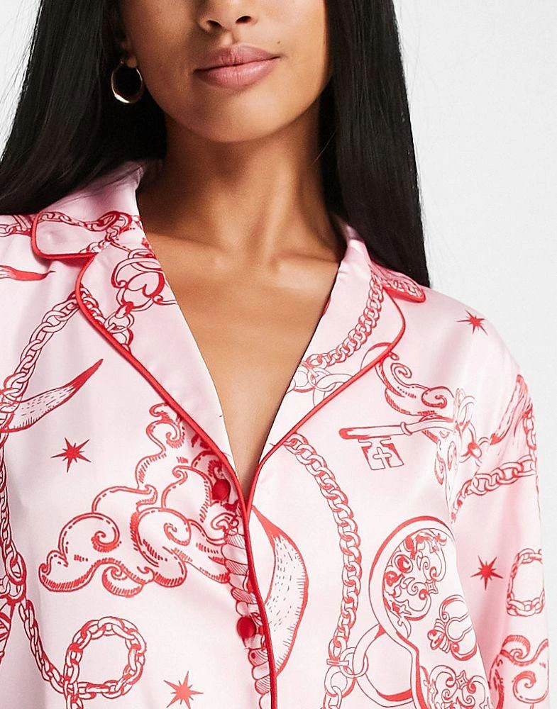 商品ASOS|ASOS DESIGN Petite satin celestial baroque shirt & trouser pyjama set in pink & red,价格¥381,第3张图片详细描述