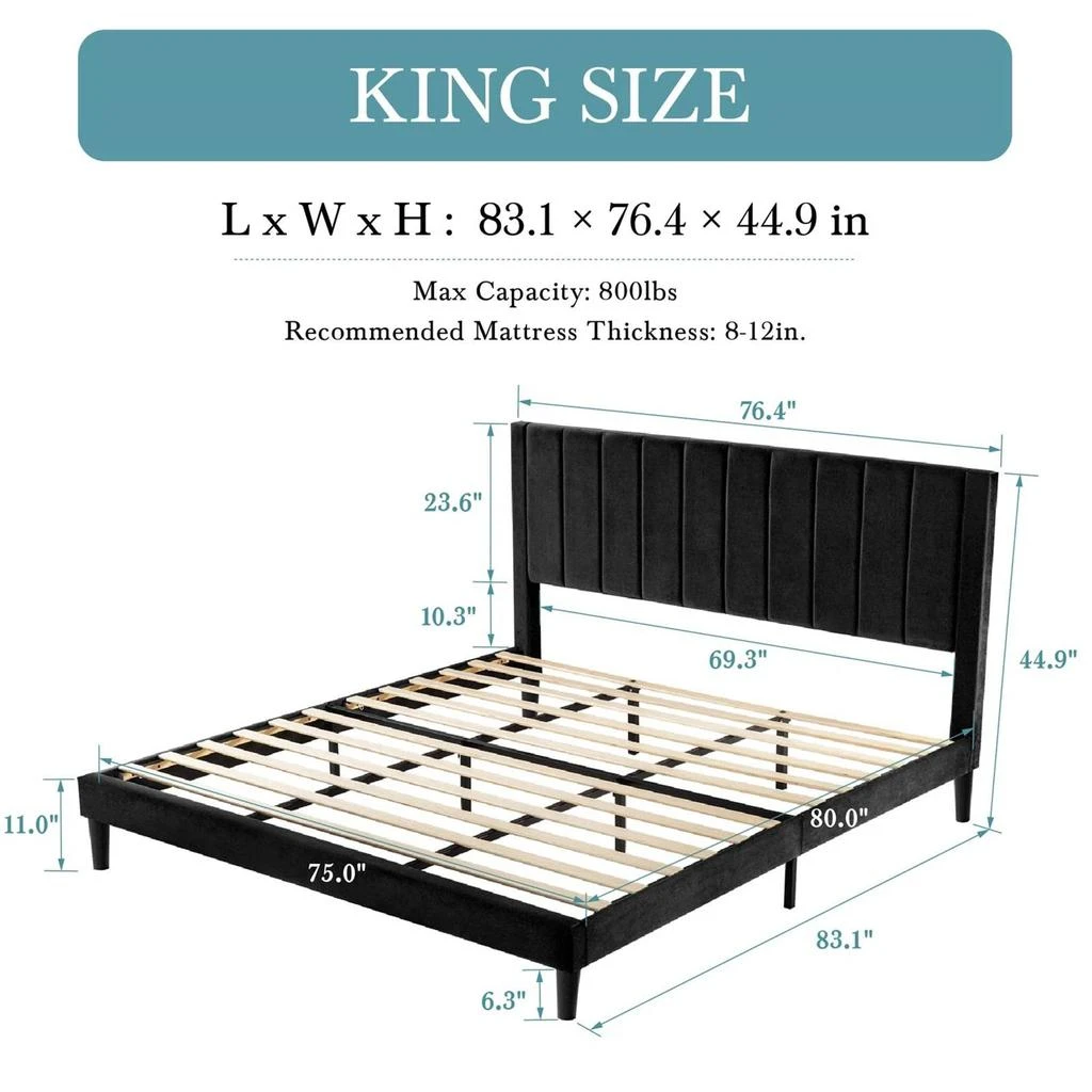 商品QuikFurn|King size Modern Black Velvet Upholstered Platform Bed with Headboard,价格¥5303,第5张图片详细描述
