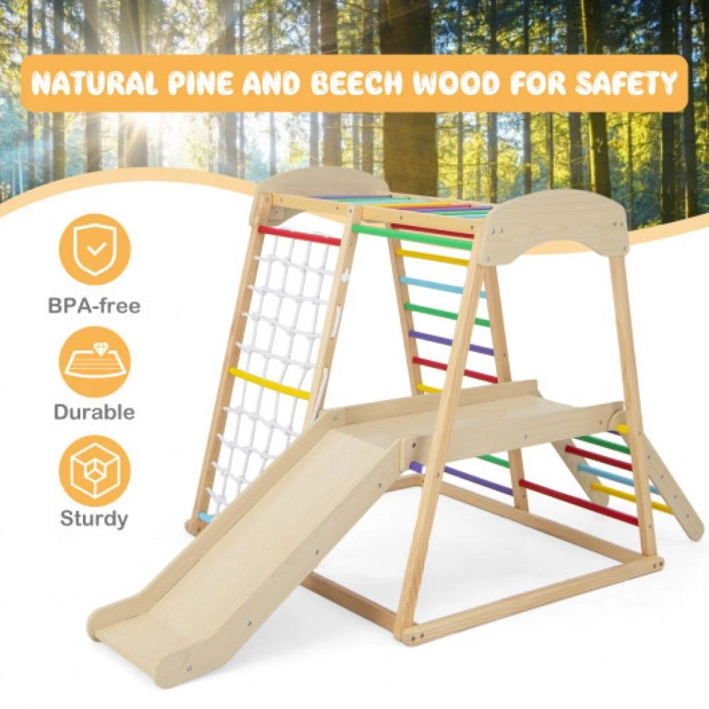 6-in-1 Indoor Jungle Gym Kids Wooden Playground with Monkey Bars-Multicolor 商品