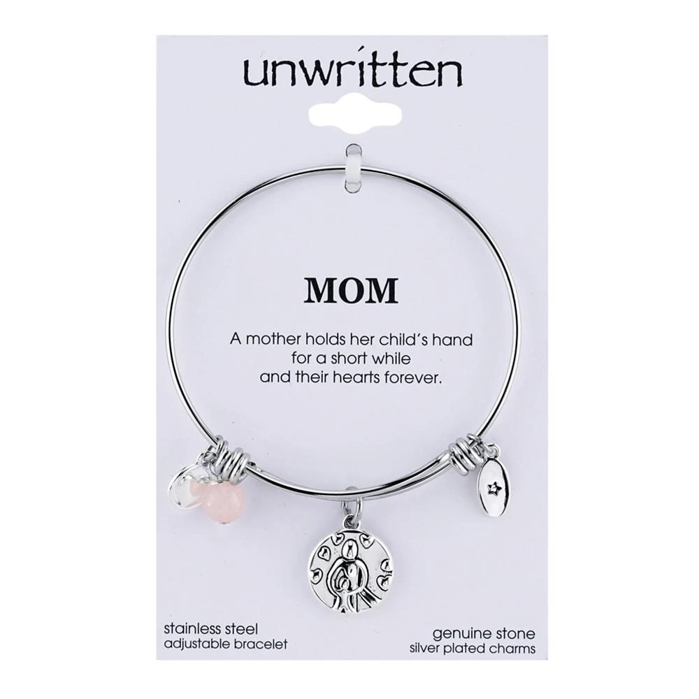 商品Unwritten|Mom Charm and Rose Quartz (8mm) Bangle Bracelet in Stainless Steel with Silver Plated Charms,价格¥412,第1张图片