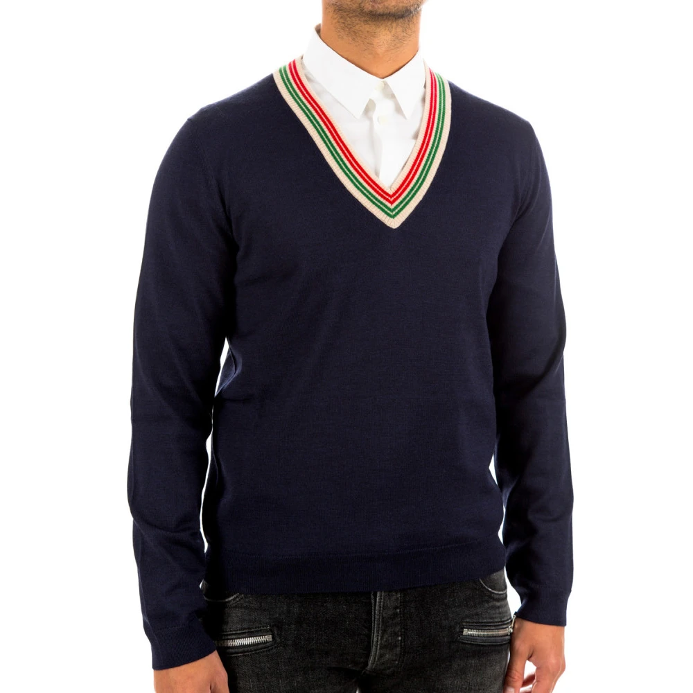 GUCCI 男士深蓝色羊毛彩色条纹细节领口V领针织衫 599917-XKA5C-4437 商品