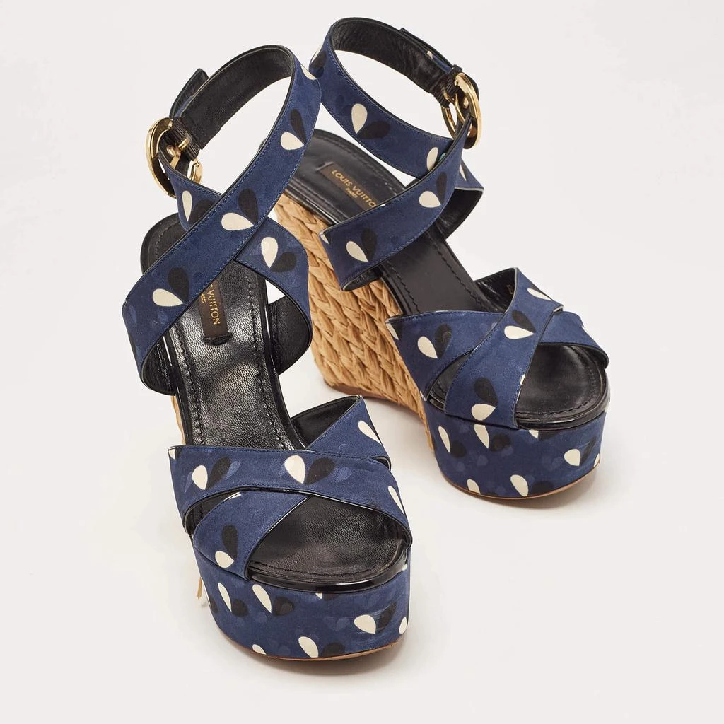 商品[二手商品] Louis Vuitton|Louis Vuitton Navy Blue Printed Fabric Espadrille Wedge Ankle Wrap Sandals Size 38,价格¥2387,第4张图片详细描述