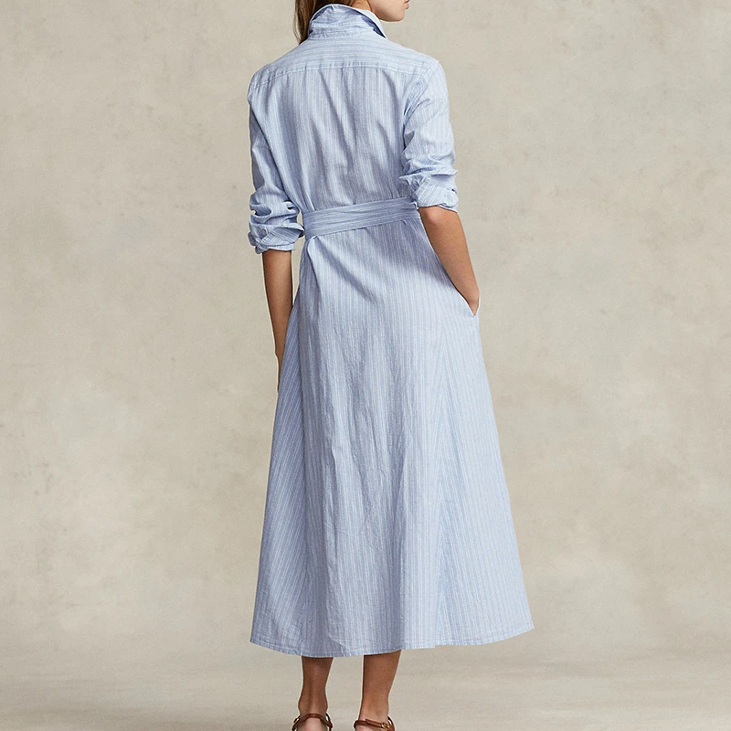 拉夫劳伦 女士浅蓝色亚麻/棉混纺饰有腰带衬衫式连衣裙 商品