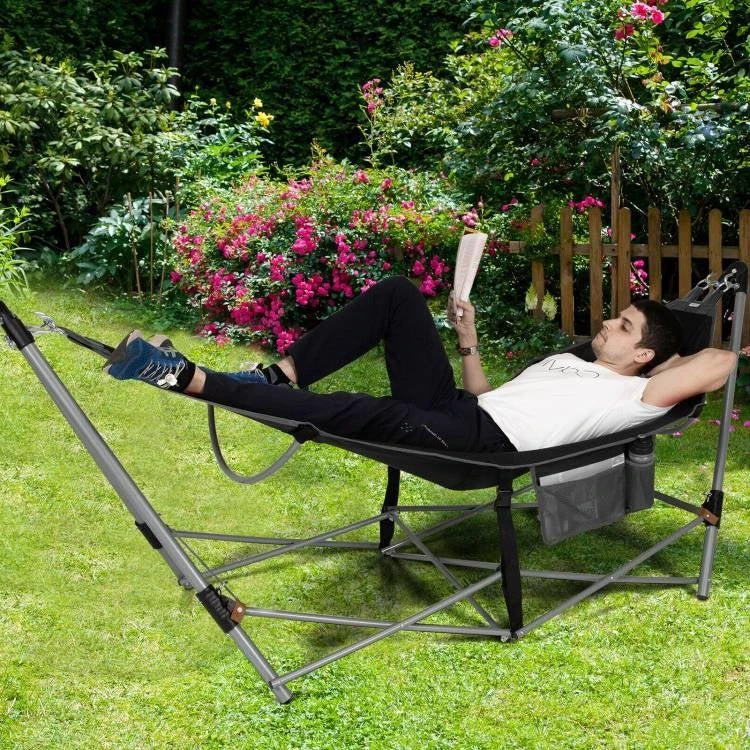 商品QuikFurn|Black Portable Camping Foldable Hammock with Stand and Carry Case,价格¥1816,第3张图片详细描述