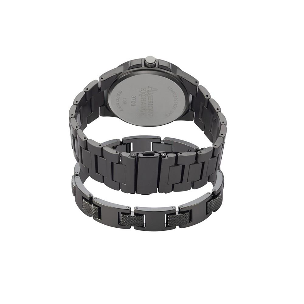 Men's Quartz Movement Shiny Gunmetal Bracelet Analog Watch, 43mm with Pendant Necklace and Bracelet Set商品第3张图片规格展示