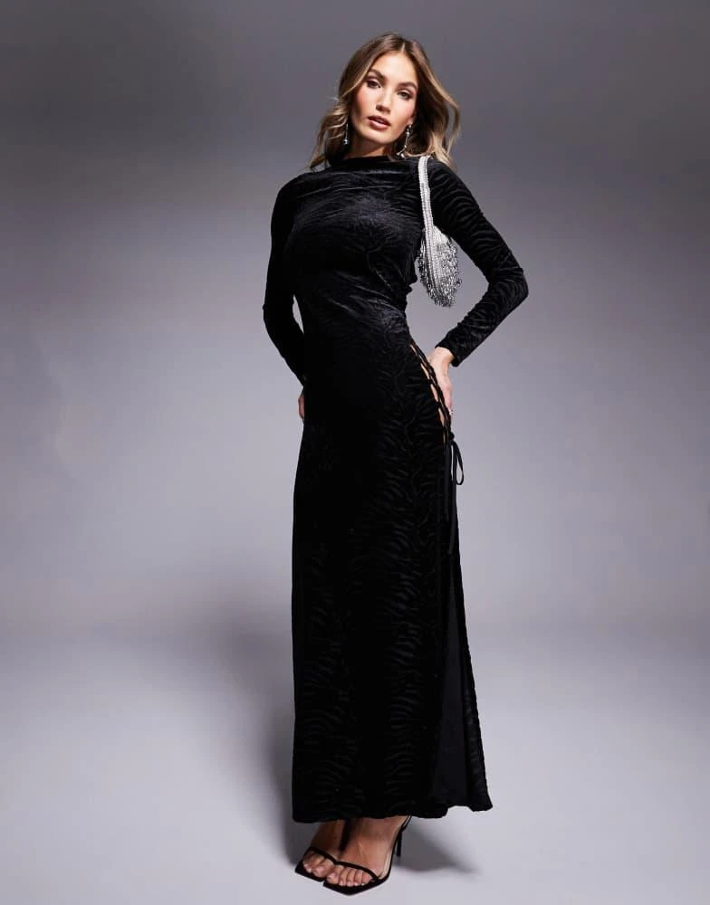 商品ASOS|ASOS DESIGN long sleeve burnout maxi dress with extreme lace up side in black,价格¥91,第1张图片详细描述