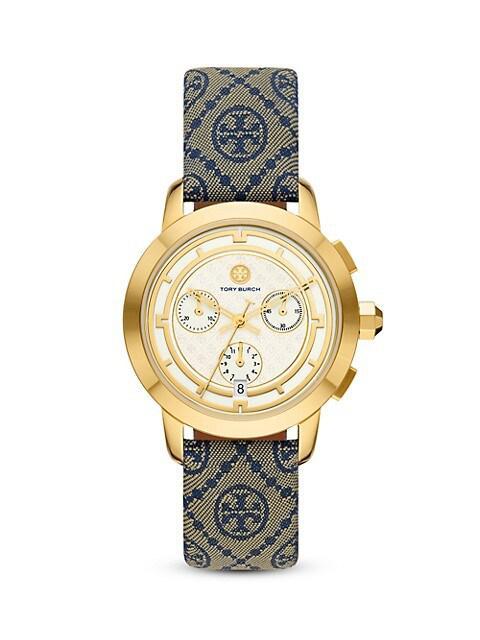 商品Tory Burch|The Tory Goldtone, Jacquard & Luggage Leather Watch,价格¥2431,第1张图片