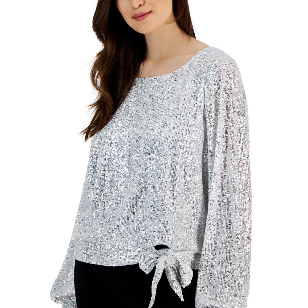 Women's Long-Sleeve Tie-Hem Sequin Blouse商品第3张图片规格展示