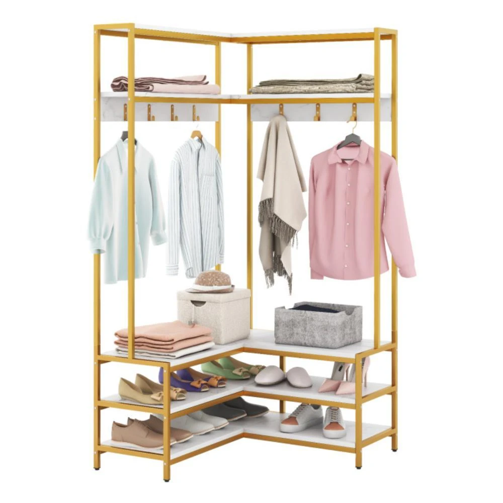 商品Hivvago|Corner Garment Rack with Open Shelves and 7 Hooks Shoe Bench-White,价格¥1645,第1张图片