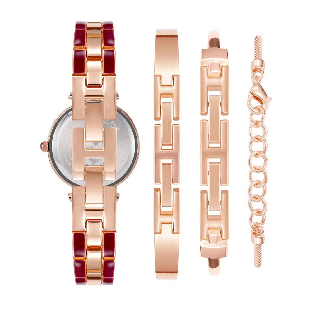 Women's Rose Gold-Tone Alloy Bracelet with Burgundy Enamel and Crystal Accents Fashion Watch 34mm Set 4 Pieces商品第3张图片规格展示