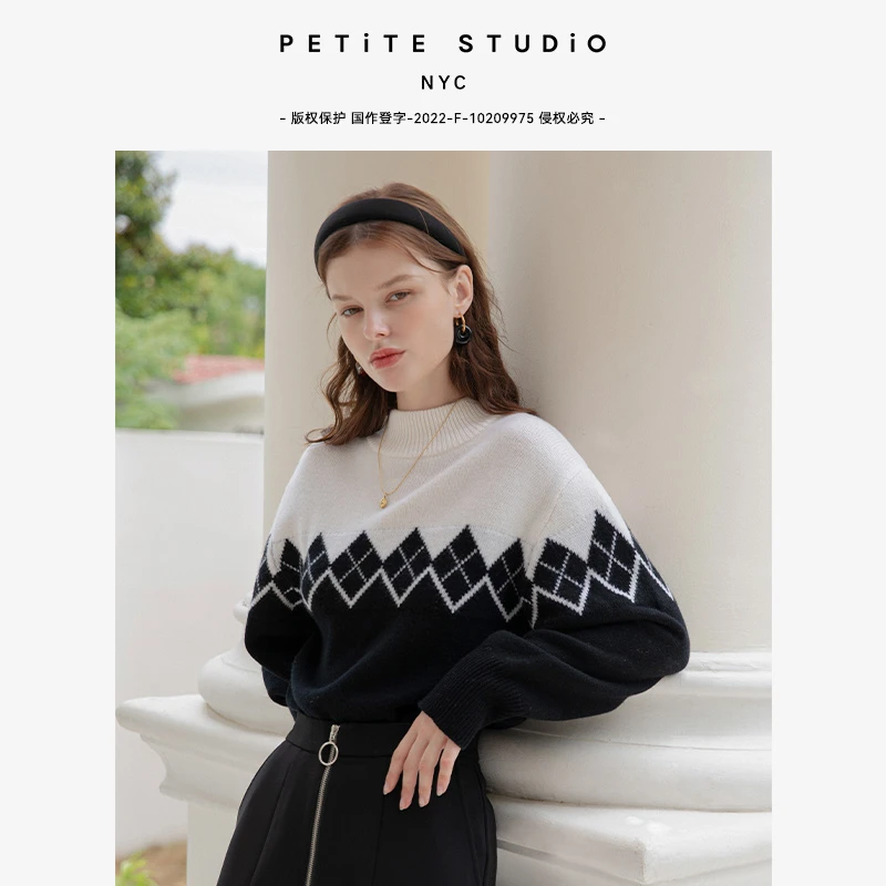 商品[国内直发] Petite Studio NYC|Holly黑白撞色经典几何花纹半高领美利奴羊毛毛衣 | Holly Wool Sweater - Black & White,价格¥1181,第1张图片