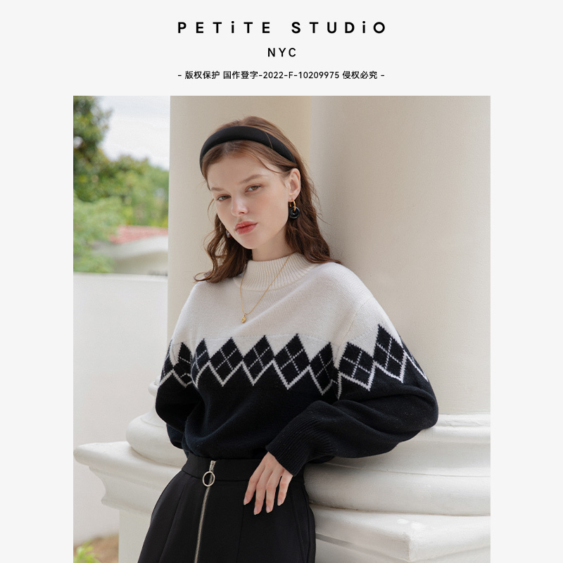 商品[国内直发] Petite Studio NYC|Holly黑白撞色经典几何花纹半高领美利奴羊毛毛衣 | Holly Wool Sweater - Black & White,价格¥1176,第1张图片