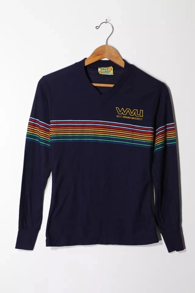 商品Urban Outfitters|Vintage 1970s Embroidered Stripe West Virginia University V-Neck Long Sleeve T-shirt,价格¥743,第1张图片