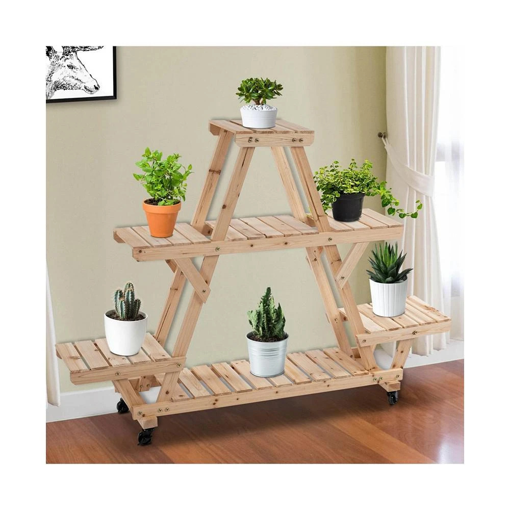 商品Outsunny|Outdoor Plant Stand w/ Wheels Mobile Wood Plant Shelf Flower Holder,价格¥728,第3张图片详细描述