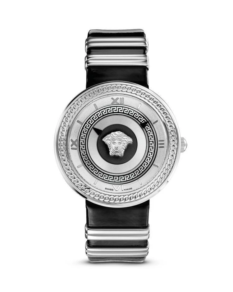 商品Versace|V-Metal Icon Stainless Stain Watch with Black Leather Band, 40mm 女士腕表,价格¥10440,第1张图片