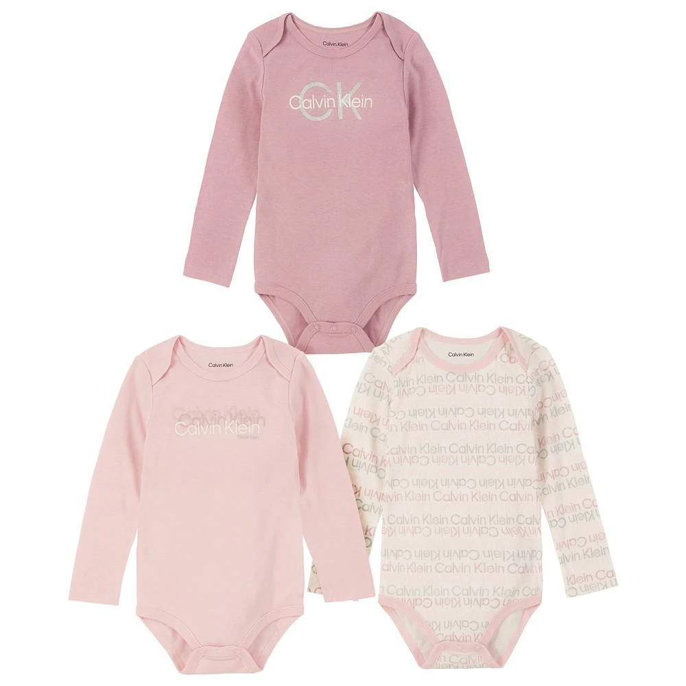 商品Calvin Klein|Baby Girls Logo Print and Single-Dye Long Sleeve Bodysuits, Pack of 3,价格¥101,第1张图片