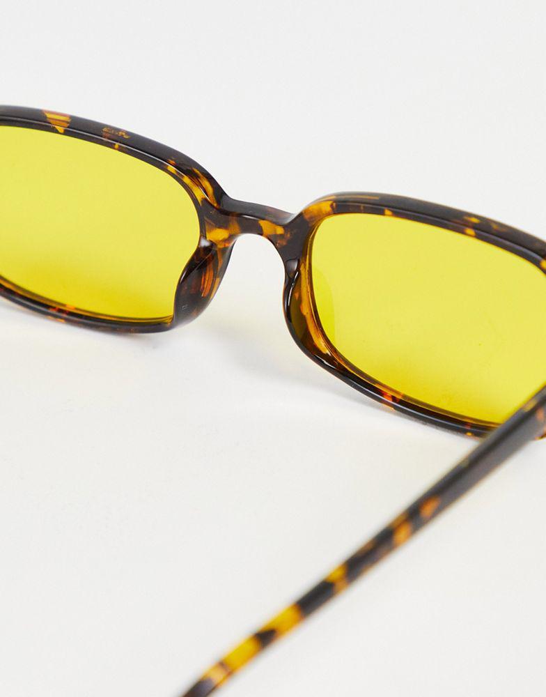 ASOS DESIGN retro rectangle sunglasses with yellow lens in brown tortoiseshell - BROWN商品第2张图片规格展示