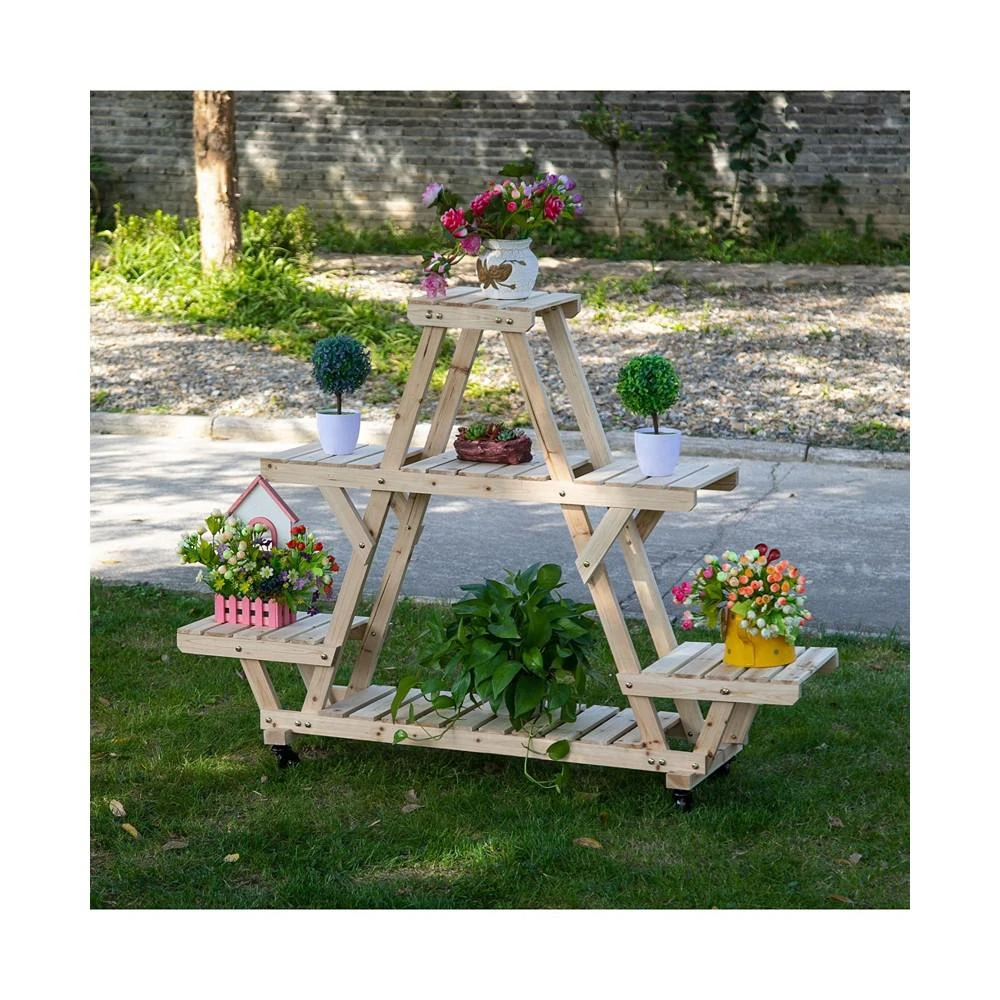 商品Outsunny|Outdoor Plant Stand w/ Wheels Mobile Wood Plant Shelf Flower Holder,价格¥728,第2张图片详细描述