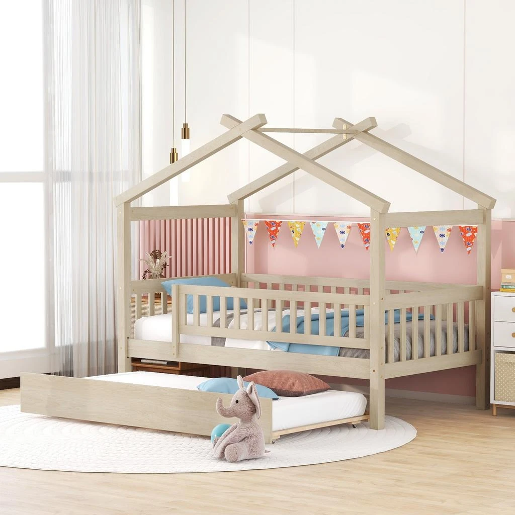 商品Streamdale Furniture|Streamdale Twin Size Wooden House Bed With Twin Size Trundle,价格¥4000,第1张图片