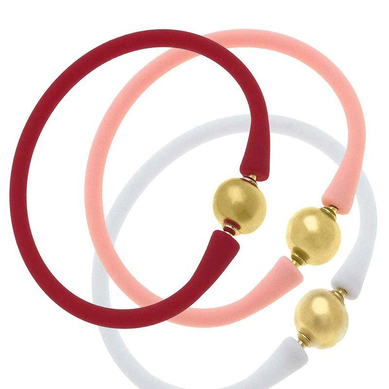 商品Canvas Style|Bali 24K Gold Silicone Bracelet Holiday Stack of 3 In Red, Light Pink & White,价格¥574,第1张图片