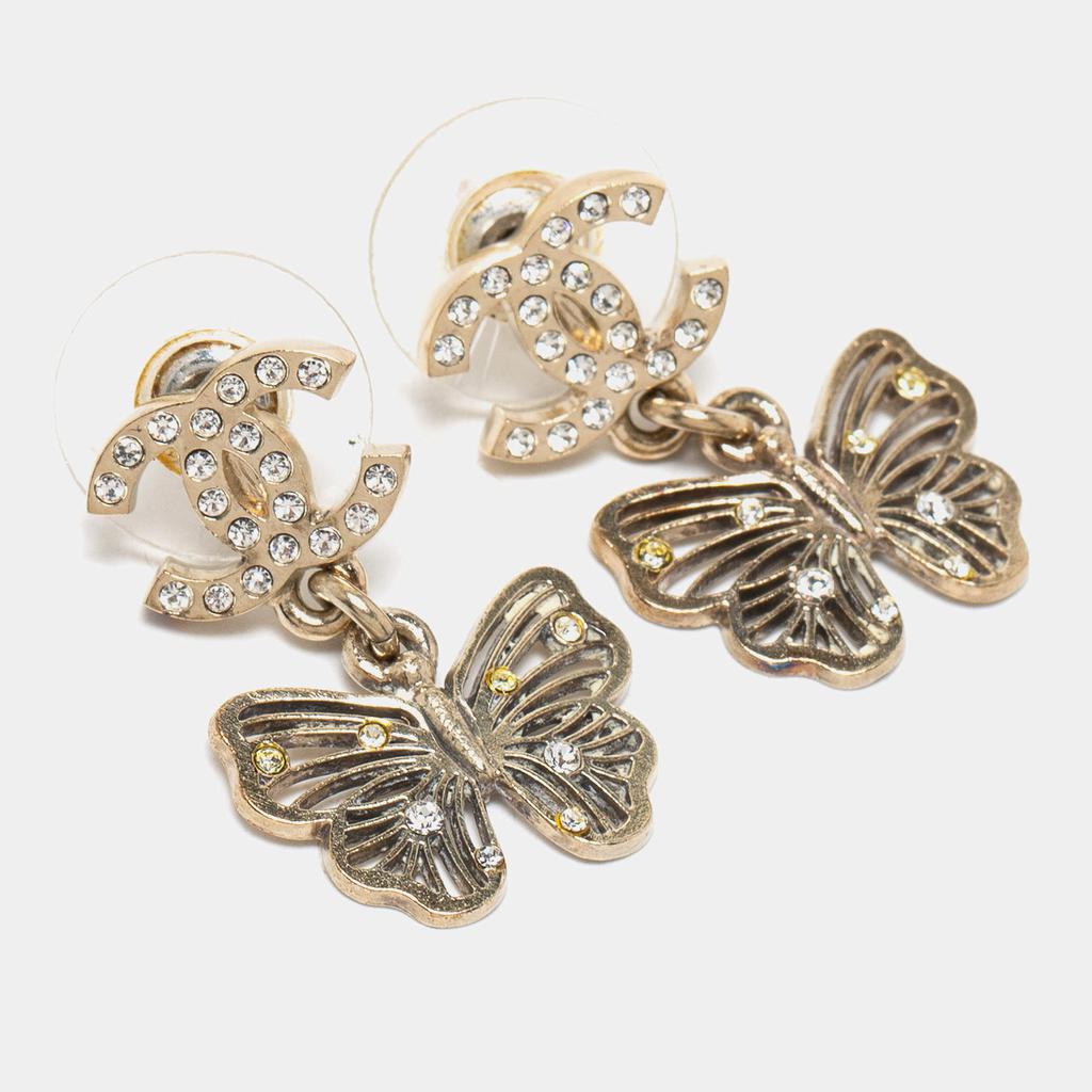 Chanel Pale Gold Tone Crystal CC Butterfly Drop Earrings商品第5张图片规格展示