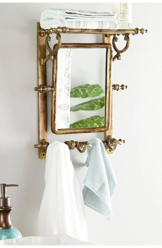 商品WILLOW ROW|Brown Bathroom Wall Rack with Hooks & Rectangular Mirror,价格¥995,第2张图片详细描述