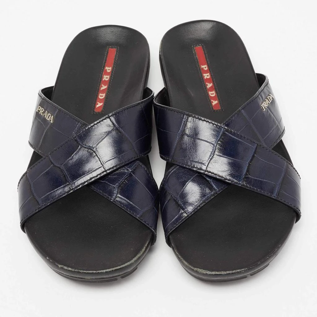 商品[二手商品] Prada|Prada Sport Navy Blue Croc Embossed Leather Flat Slide Sandals Size 39.5,价格¥1052,第3张图片详细描述