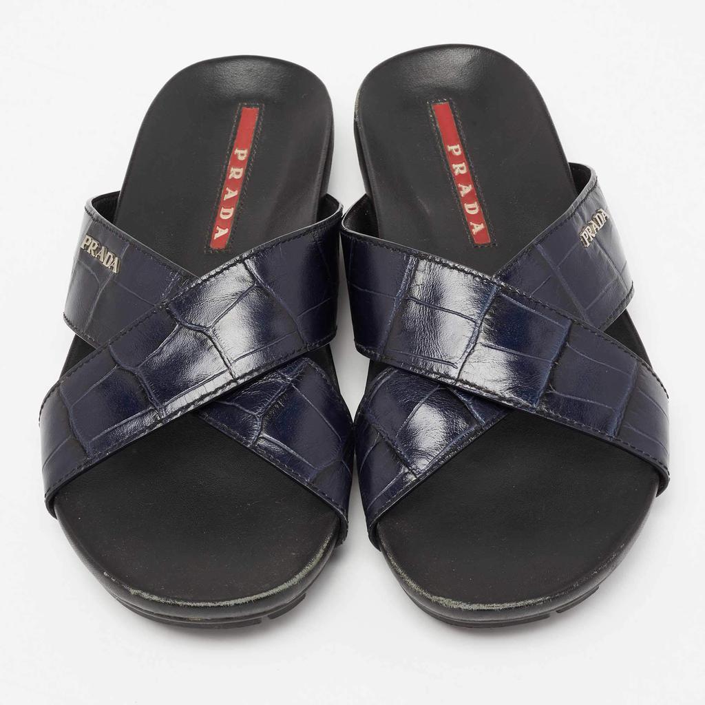 商品[二手商品] Prada|Prada Sport Navy Blue Croc Embossed Leather Flat Slide Sandals Size 39.5,价格¥2400,第5张图片详细描述