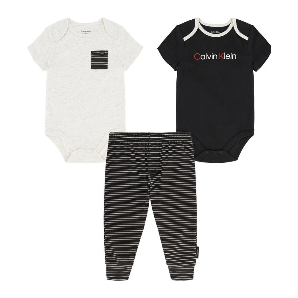 商品Calvin Klein|Baby Boys Logo Bodysuits and Striped Joggers, 3 Piece Set,价格¥223,第1张图片