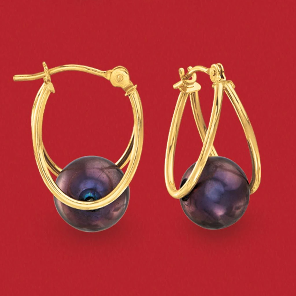 商品Ross-Simons|8-9mm Black Cultured Pearl Double-Hoop Earrings in 14kt Gold,价格¥1264,第4张图片详细描述