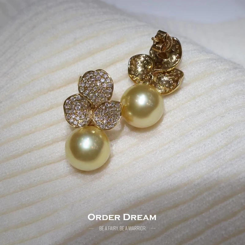 商品[国内直发] Order Dream|18k金钻石11-12mm正圆无暇强光南洋金珠耳环,价格¥16616,第1张图片