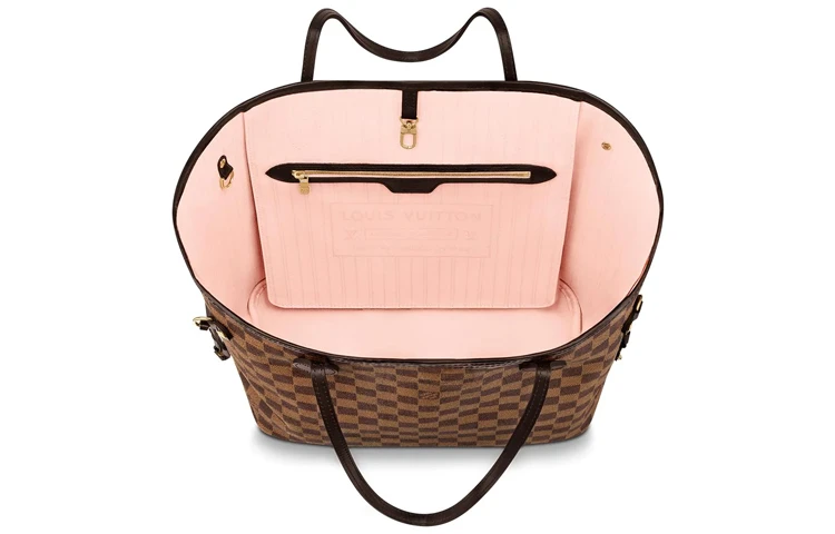 商品[国内直发] Louis Vuitton|NEVERFULL MM 棋盘格 帆布 托特包Tote包购物袋单肩手提包 中号 女款 棕色 #芭蕾粉色内里#,价格¥16764,第5张图片详细描述