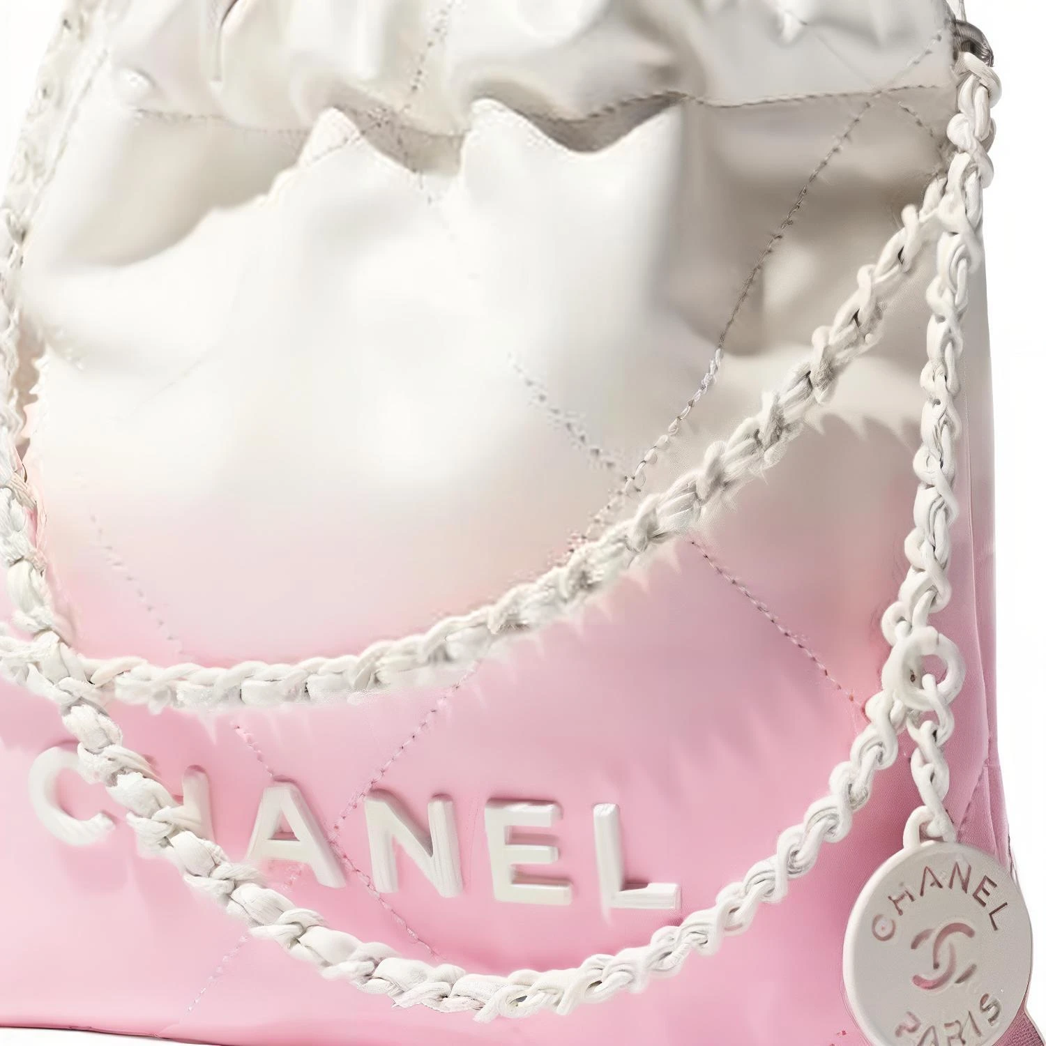 商品[国内直发] Chanel|香奈儿 22Bag 24S Logo抽绳开合 漆面渐变小牛皮 斜挎单肩包 迷你 女款 白色拼粉色,价格¥46849,第6张图片详细描述