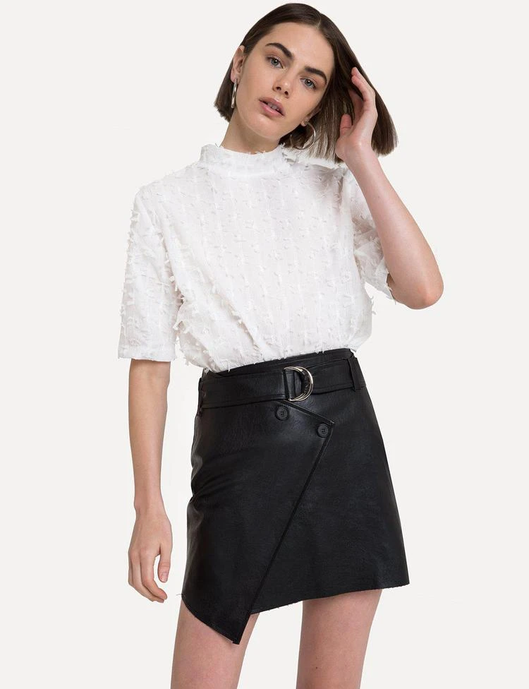Asymmetric Button Vegan Leather Belted Skirt 商品