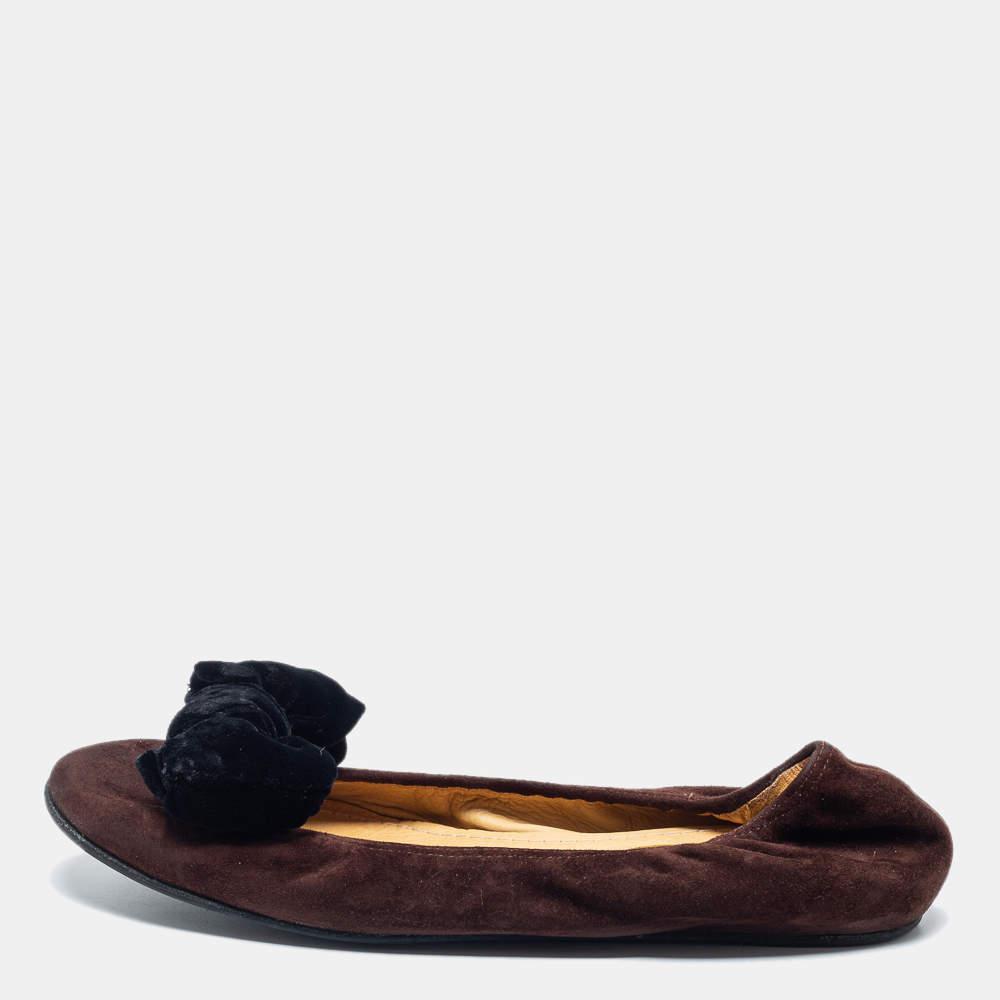 商品[二手商品] Lanvin|Lanvin Brown Suede Leather Bow Scrunch Ballet Flats Size 38,价格¥1702,第1张图片