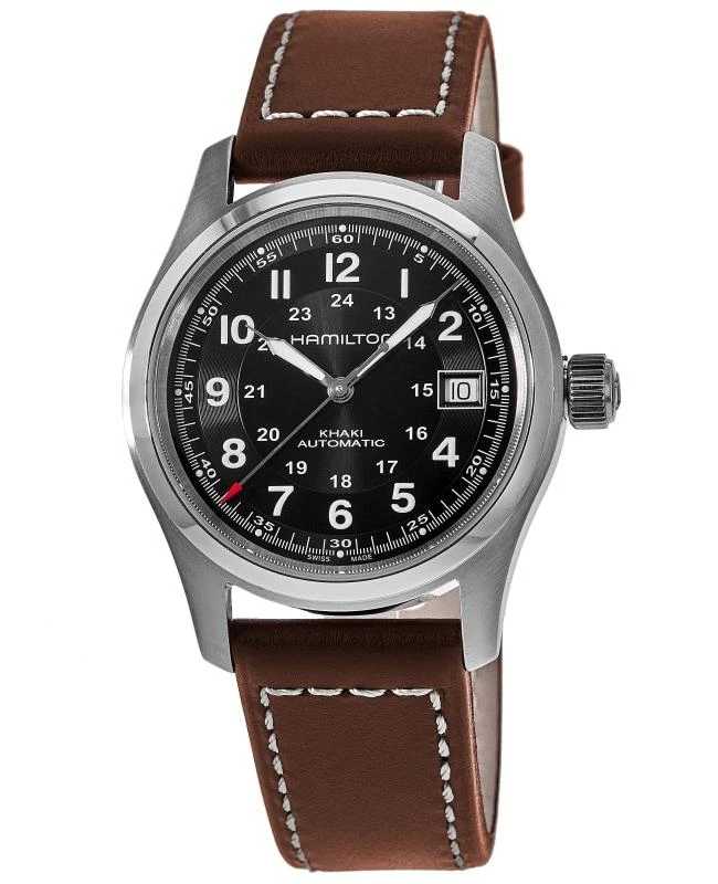商品Hamilton|Hamilton Khaki Field Auto 38MM Black Dial Leather Strap Men's Watch H70455533,价格¥5081,第1张图片