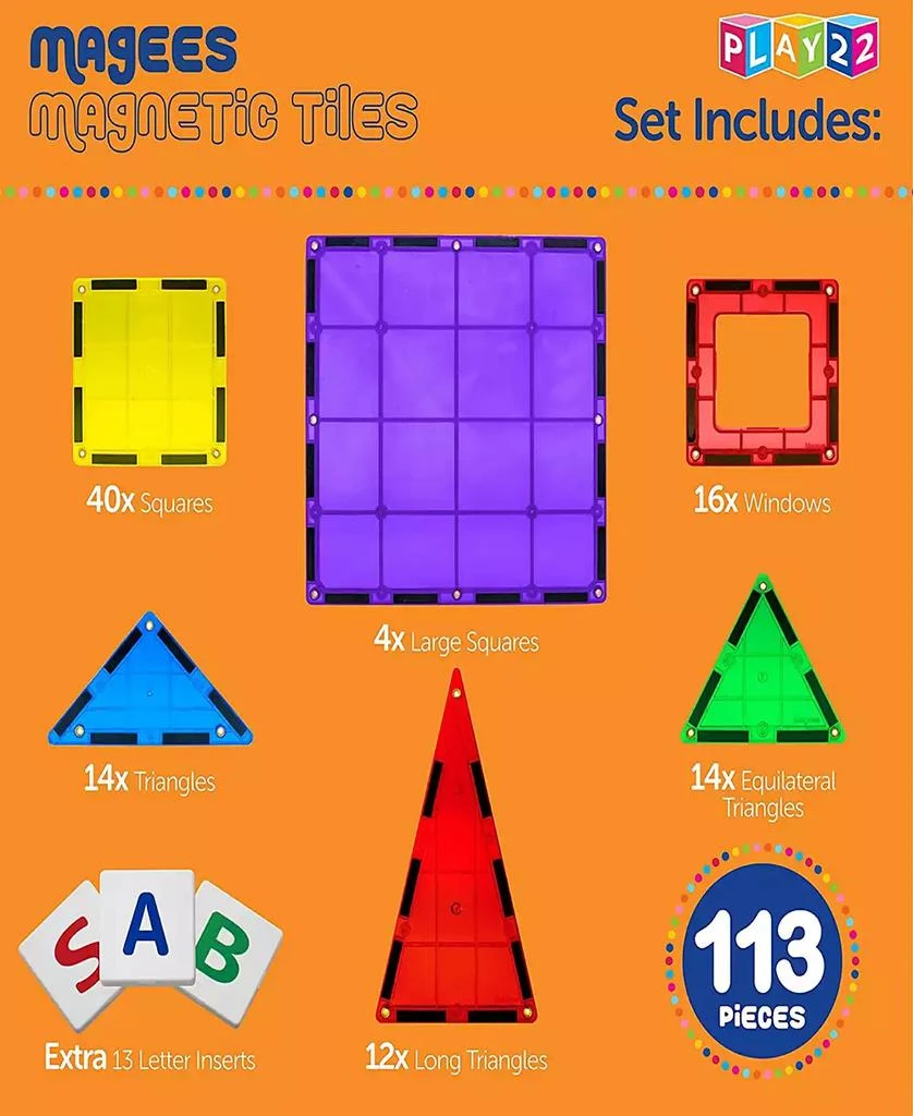 Magnetic Tiles Building Blocks 113 Pieces Set with Insert Alphabet Cards 商品
