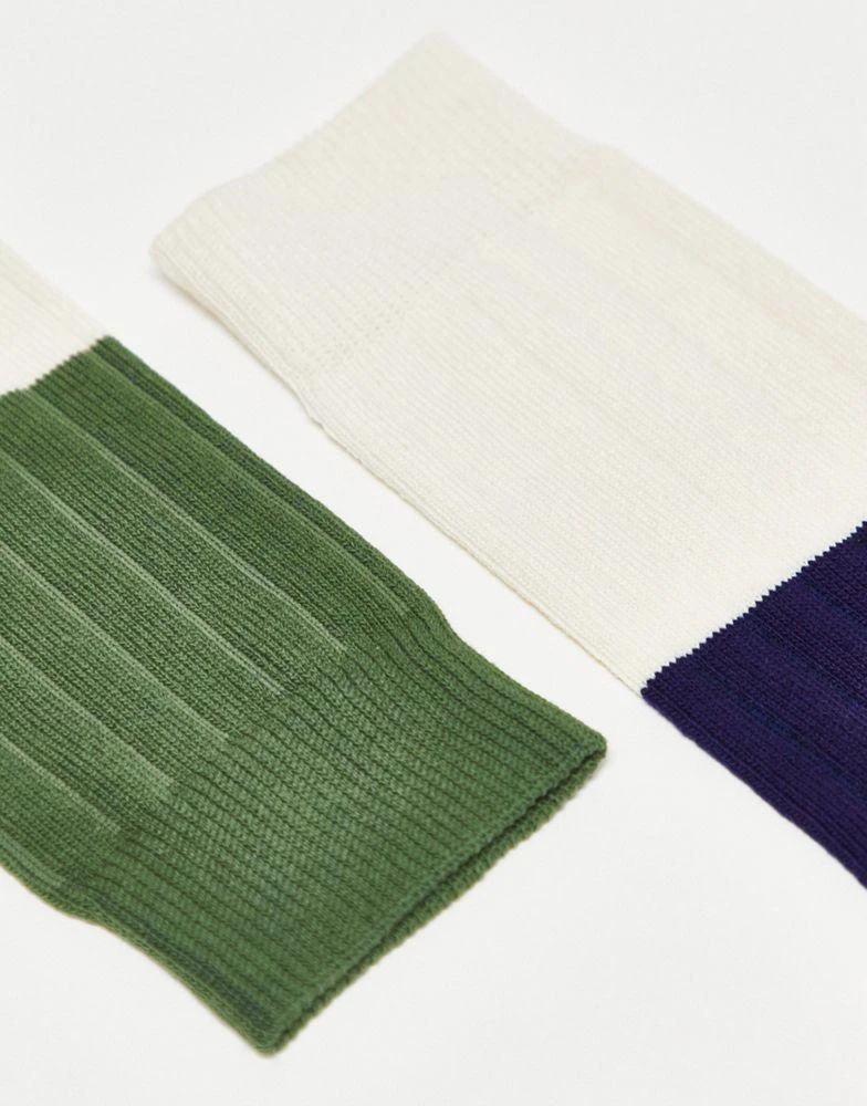 商品ASOS|ASOS DESIGN 2 pack ribbed socks in navy and green colour block,价格¥58,第4张图片详细描述