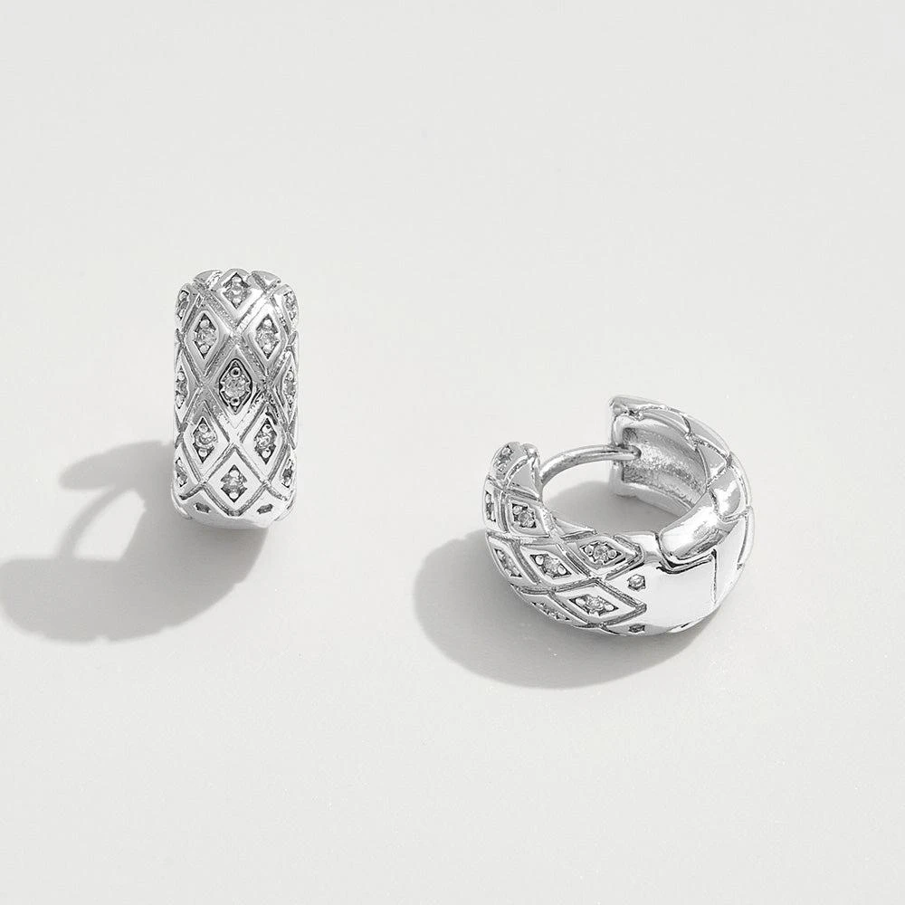 商品FASHNZFAB|14K Gold Dipped CZ Stone Paved Quilted Mini Huggie Hoop Earrings - Silver,价格¥157,第1张图片
