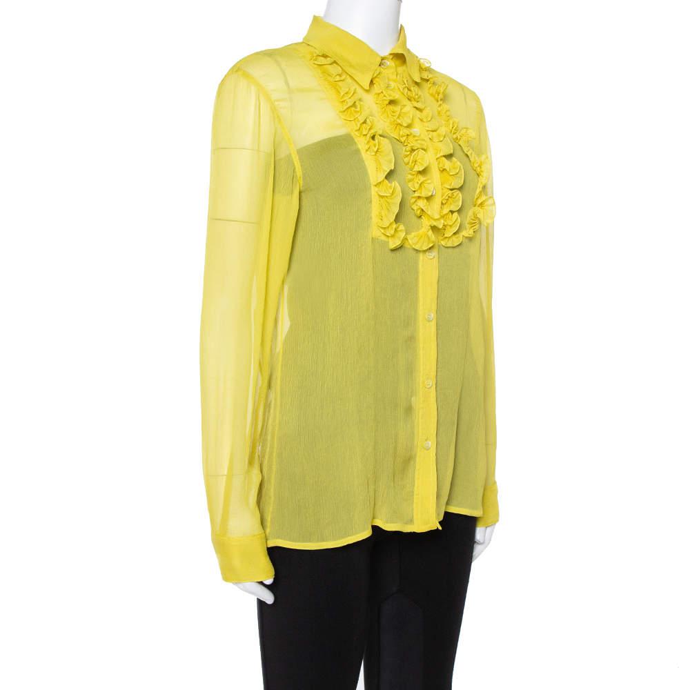 Prada Yellow Silk Crepon Ruffle Front Sheer Blouse M商品第2张图片规格展示