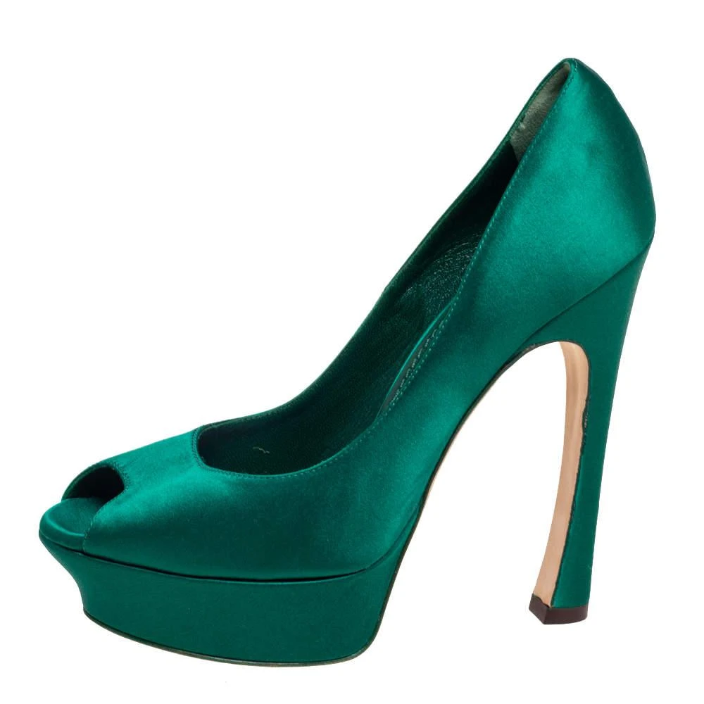 商品[二手商品] Yves Saint Laurent|Yves Saint Laurent Green Satin Palais Platform Peep Toe Pumps Size 39,价格¥1281,第2张图片详细描述