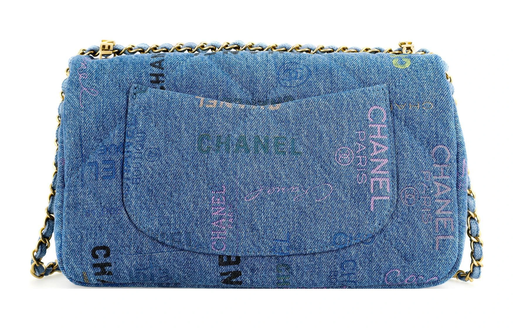 商品[国内直发] Chanel|香奈儿 Classic Flap CF 金扣链条 牛仔布 口盖包单肩斜挎包 常规 女款 蓝色,价格¥30713,第4张图片详细描述