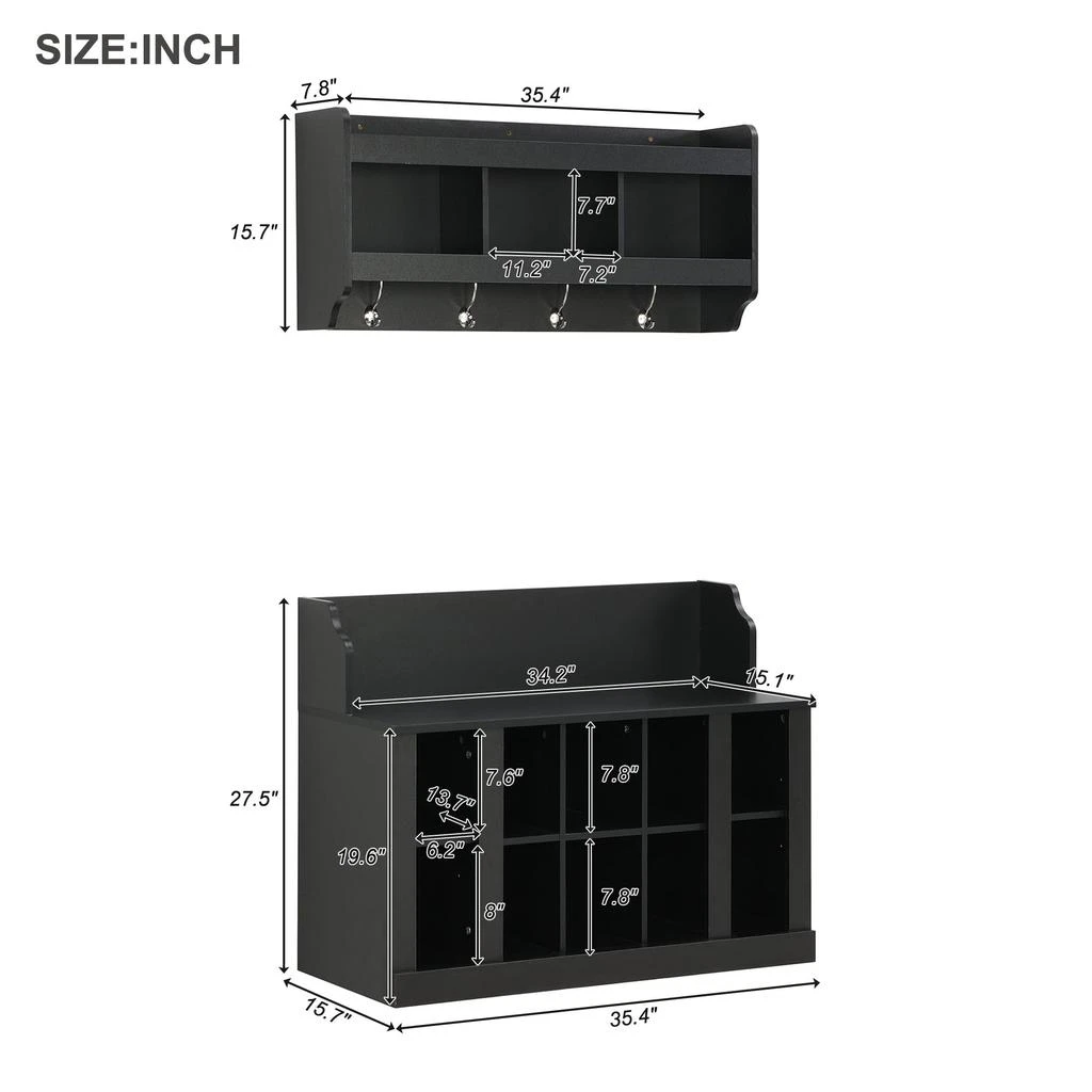 商品Streamdale Furniture|Streamdale Shoe Storage Bench with Coat Rack & Hooks,价格¥2850,第3张图片详细描述