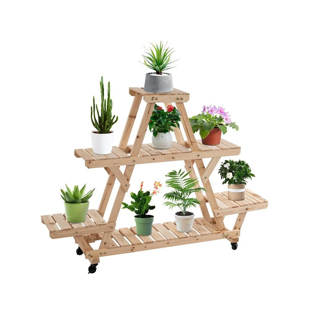 商品Outsunny|Outdoor Plant Stand w/ Wheels Mobile Wood Plant Shelf Flower Holder,价格¥728,第1张图片