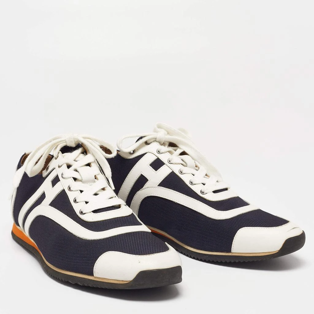 商品[二手商品] Hermes|Hermes Navy Blue/White Leather And Canvas Tie Break Low Top Sneakers Size 41 ,价格¥2529,第4张图片详细描述