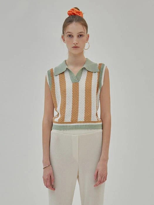 商品RAIVE|Open-collar Stripe Knit Vest in Beige VK2SV130-91,价格¥1111,第1张图片
