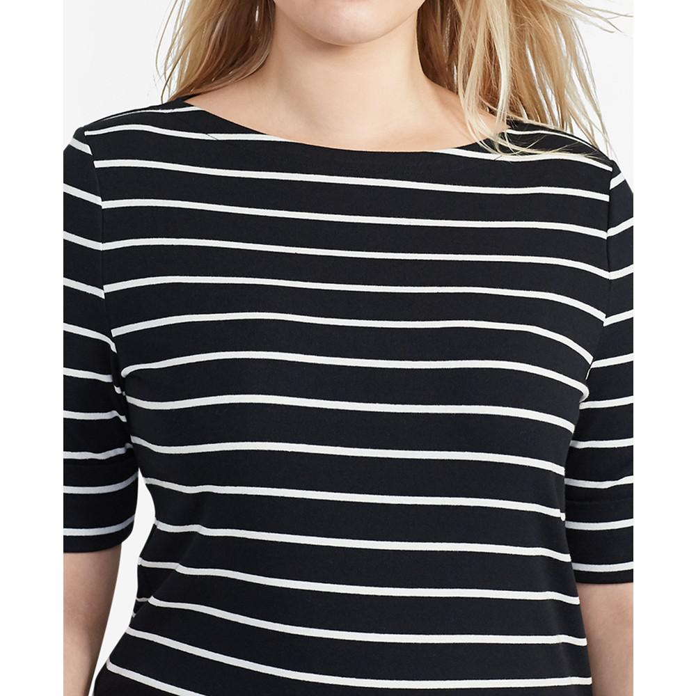 Plus Size Striped Cotton Boatneck T-Shirt商品第6张图片规格展示