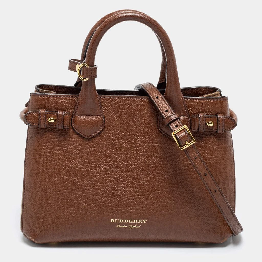 商品[二手商品] Burberry|Burberry Brown Leather and House Check Fabric Small Banner Tote,价格¥5787,第1张图片