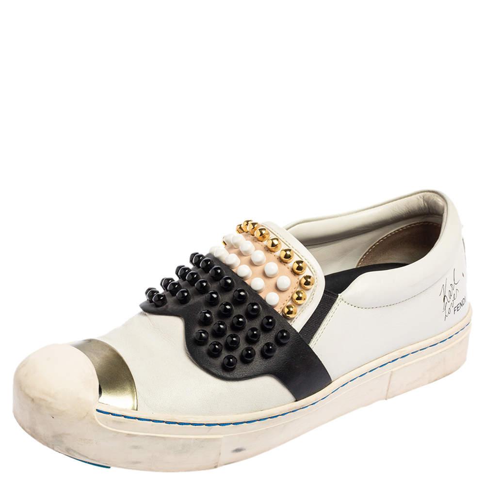 Fendi Black\White Leather Karlito Studded Low Top Sneakers Size 38商品第1张图片规格展示