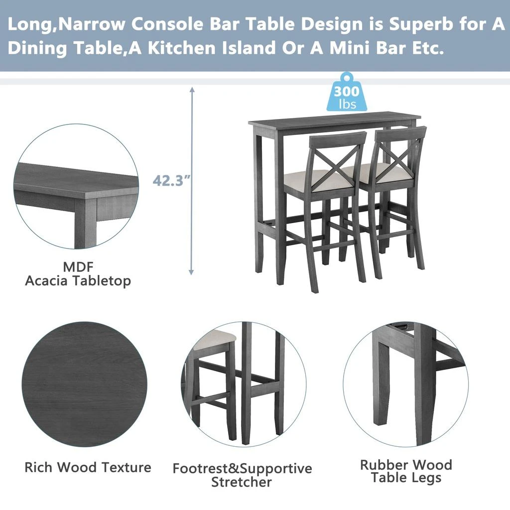 商品Streamdale Furniture|Streamdale Farmhouse 48" Bar Height Dining Set with 2 Chairs, Brown/White/Beige,价格¥3268,第5张图片详细描述